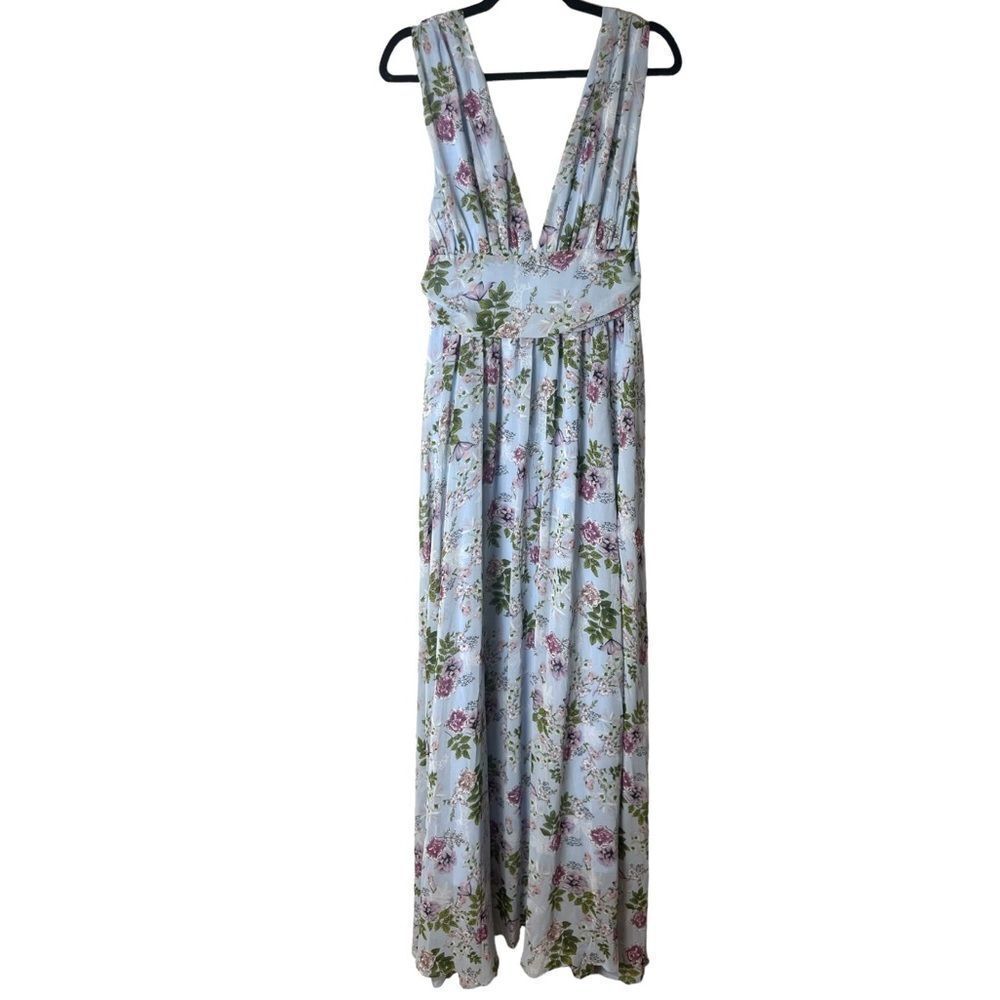 SHEIN Allover Floral Double Plunging Neck Ruched Waist Split Thigh Dress